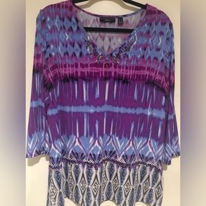 Susan Graver peek-a-boo sleeve vibrant tunic blouse with beaded neckline details